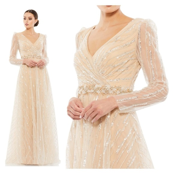 MAC DUGGAL 67859 dress maxi tan nude plus size 16 sequin wedding formal long NWT - Picture 1 of 15